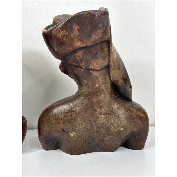 Pair Hand Carved African Tribal Wood Bust Man Woman Sculpture Folk Art Smooth - Picture 4 of 10